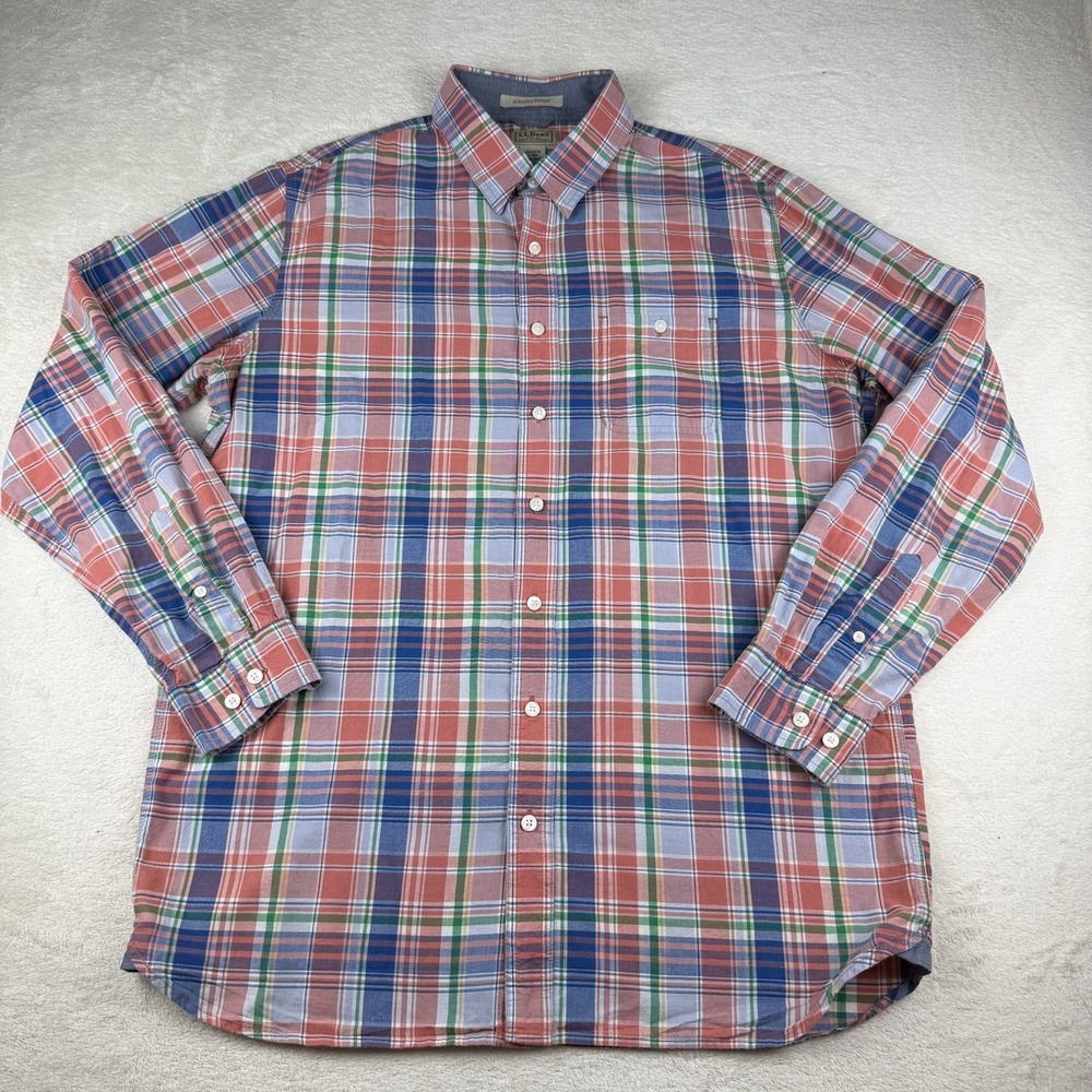L.L. Bean Men's Large Tall Plaid Long Sleeve Button‎ Shirt Slightly Fitted Used